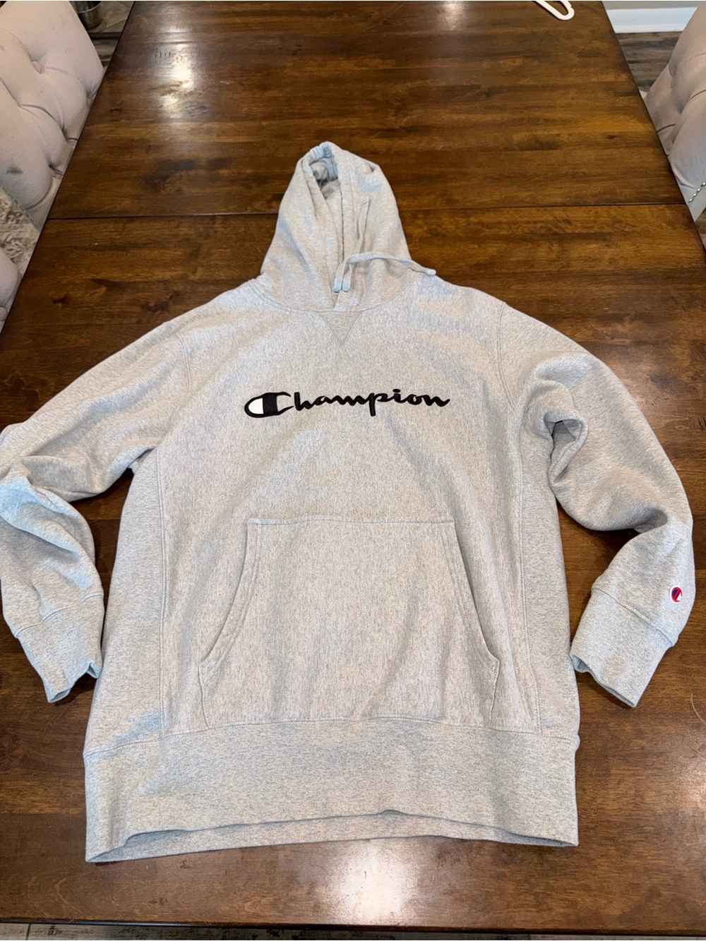 Champion Light Gray Pullover Hoodie with Black Script Logo